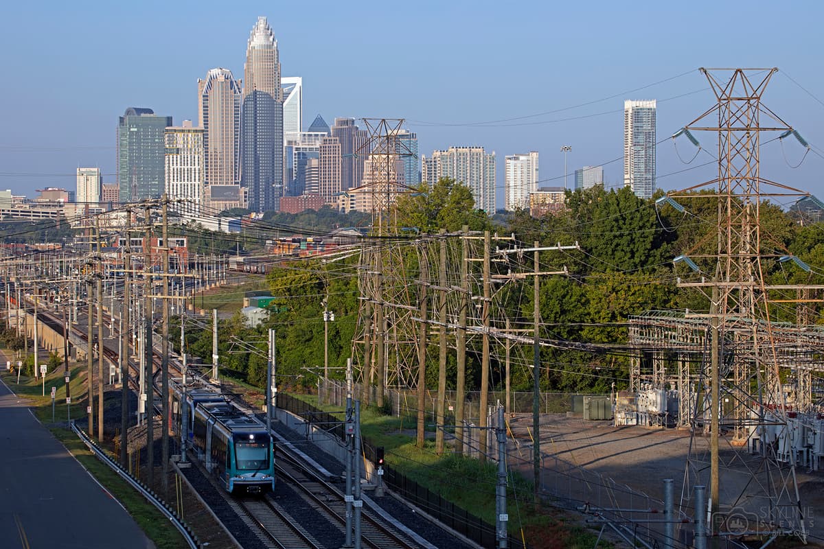 Charlotte skyline and a LYNX train