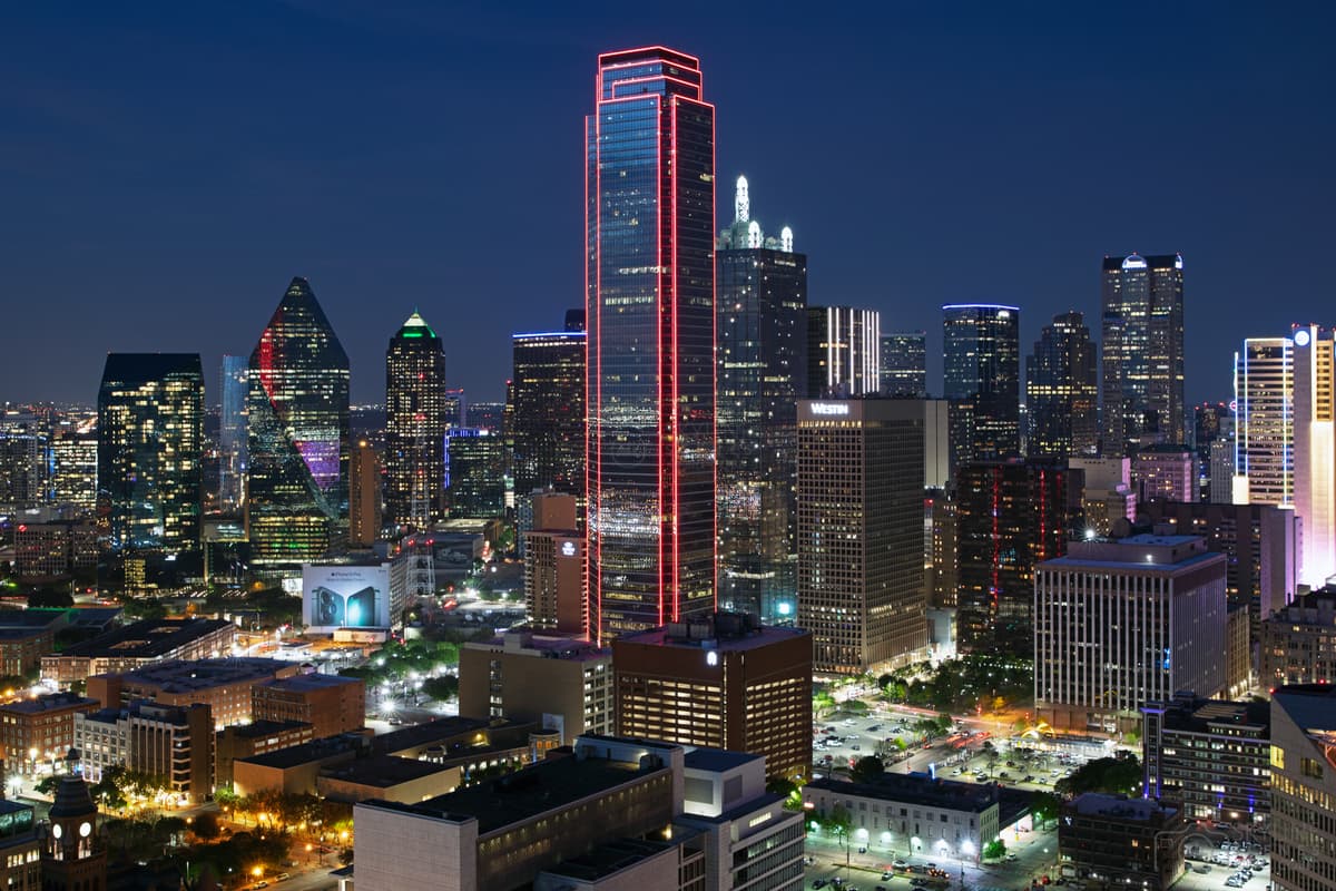 Downtown Dallas skyline at dusk